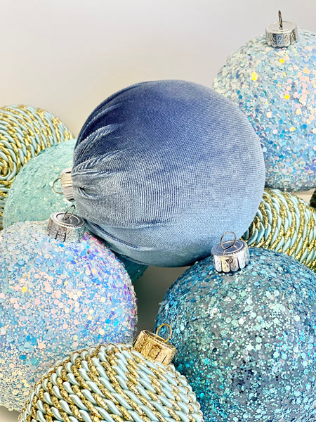 Pastel Blue Christmas Ornament, Handmade Velvet Balls, Christmas Ball, Christmas Decorations, Christmas Gift, Glitter Christmas Balls