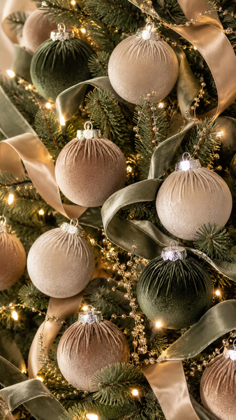 15 pcs Earth Tone Velvet Christmas Ornaments in Neutral Beige, Taupe and Forest Green, Handmade Cozy Holiday Tree Decor, Boho Farmhouse