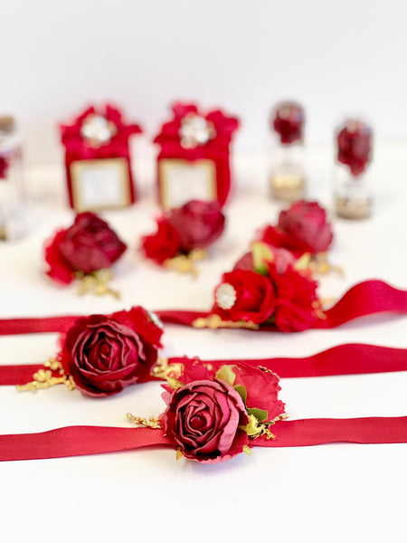 Red Corsage and Boutonnières Set, Wedding Wrist Corsage, Bridesmaids Corsage, Bridal Bracelets, Prom Flower, Mother of Bride Corsage