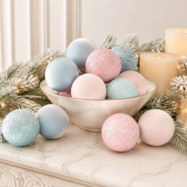 Pastel Christmas ornaments in matte and glitter finishes, including light blue, dusty pink, and soft mint, arranged in a white ceramic bowl with additional ornaments on a marble mantel beside greenery and candles.