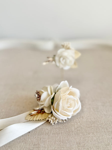 Ivory Wedding Corsages Boutonniere Set, Prom Wrist Corsage, Luxury Rose Corsage, Elegance Bridesmaids Corsage, Bridal Bracelets