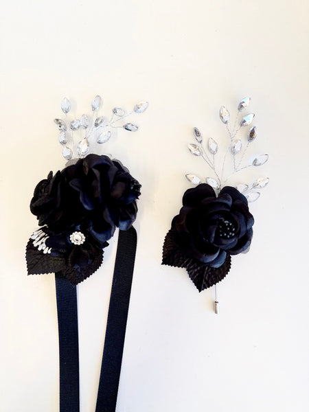 Black Corsage and Boutonniere Set, Wedding Bracelet, Prom Wrist Corsage Set