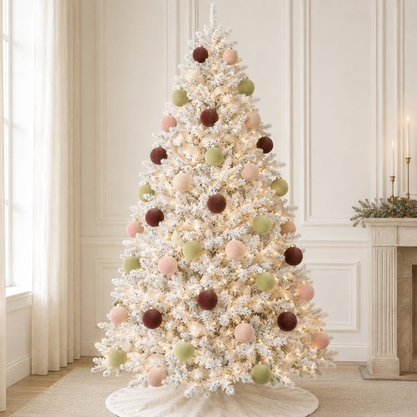 Flocked Christmas Ornaments: Olive Green, Beige, Brown Colors- 9 pcs 3,15" Boho Holiday Decor