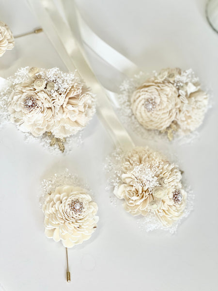 Ivory Sola Wood Flower Corsage and Boutonniere Set, Prom Party Corsage Set