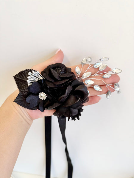 Black Corsage and Boutonniere Set, Wedding Bracelet, Prom Wrist Corsage Set