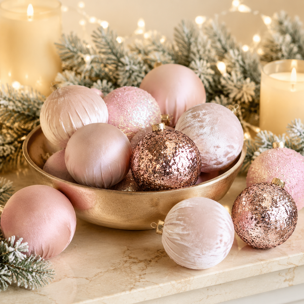 A collection of pastel pink and rose gold Christmas ornaments, including glitter and velvet textures, arranged in a gold bowl with holiday greenery and candles in the background.