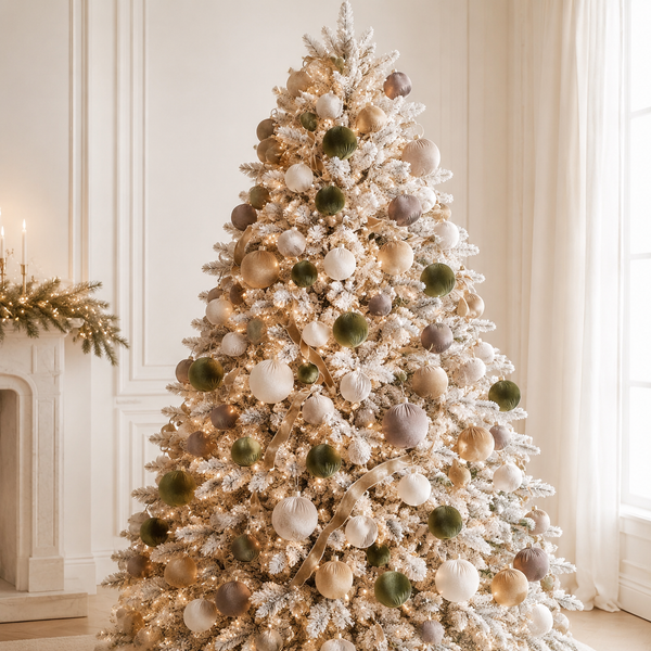 A flocked Christmas tree decorated with cream, beige, and olive green ornaments, lit with warm white string lights, set in a bright, elegant room with a fireplace and window.