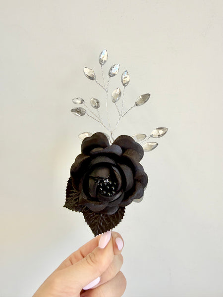 Black Corsage and Boutonniere Set, Wedding Bracelet, Prom Wrist Corsage Set
