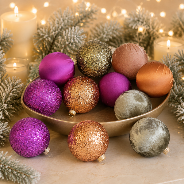 A set of colorful Christmas ornaments displayed on a shallow bowl with some resting in front. The ornaments include glittery gold, pink, bronze, and orange finishes, as well as a textured gray one.