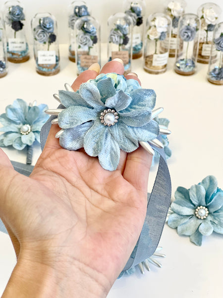 Light Blue Wedding Corsages and Boutonnières Set, Wrist Corsage, Prom Corsage, Bridesmaids Corsage, Bridal Bracelets, Mom wedding Bracelet