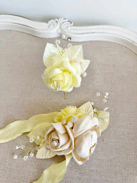 Light Yellow Corsage and Boutonniere Set, Ivory Prom Party Corsage Set