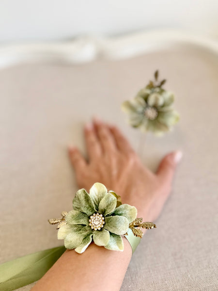 Wedding Corsages, Prom Corsage and Boutonniere Set, Wrist Corsage, Saga Green Wrist Corsage, Bridesmaids Corsage, Bridal Bracelets