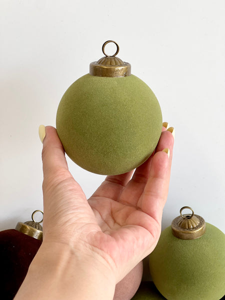 Flocked Christmas Ornaments: Olive Green, Beige, Brown Colors- 9 pcs 3,15" Boho Holiday Decor
