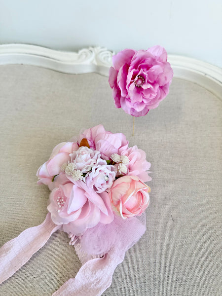 Baby Pink Prom Corsage and Boutonniere Set, Wedding Corsages, Wrist Corsage, Bridesmaids Corsage, Bridal Bracelets