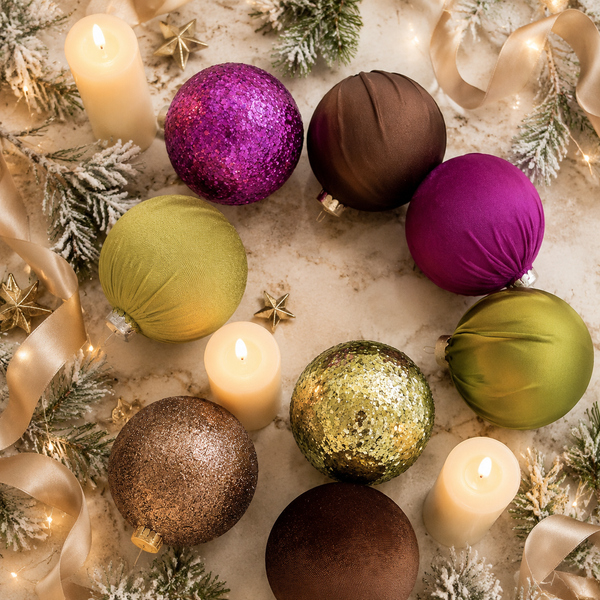 A flat-lay arrangement of eight Christmas ornaments in various colors and textures (purple glitter, dark brown satin, lime green satin, metallic gold glitter, bronze glitter) surrounded by white pillar candles, gold ribbons, and pine branches on a marble surface.