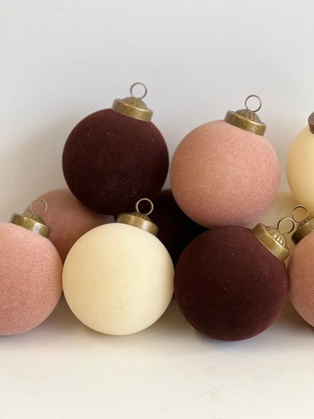 12 pcs Earth Tone Velvet Christmas Ornaments Brown, Creamy and Beige Cozy Holiday Tree Decor, Boho Farmhouse
