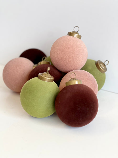 Flocked Christmas Ornaments: Olive Green, Beige, Brown Colors- 9 pcs 3,15" Boho Holiday Decor