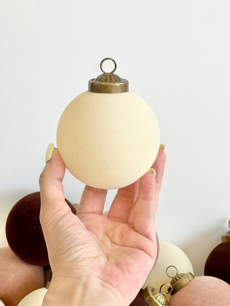 12 pcs Earth Tone Velvet Christmas Ornaments Brown, Creamy and Beige Cozy Holiday Tree Decor, Boho Farmhouse