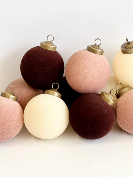 12 pcs Earth Tone Velvet Christmas Ornaments Brown, Creamy and Beige Cozy Holiday Tree Decor, Boho Farmhouse