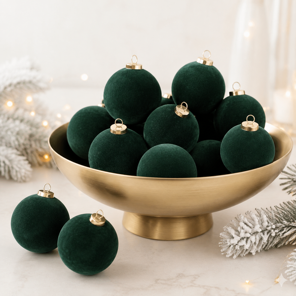 Flocked Christmas Ornaments: Emerald Green- 12 pcs 3,15" Boho Holiday Decor