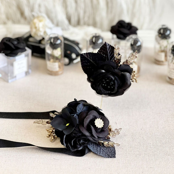 Black Corsage and Boutonniere Set, Wedding, Prom Party Corsage Set
