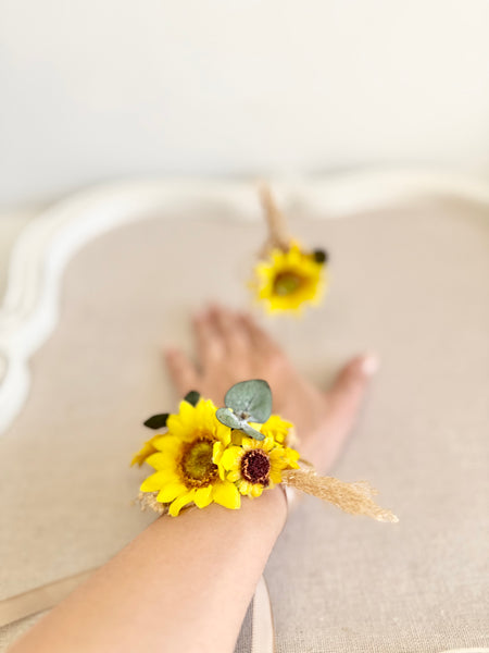 Sunflower Wedding Corsages Boutonnières Set, Prom Wrist Corsage, Rustic Wedding Corsage, Bridesmaids Corsage, Bridal Bracelets