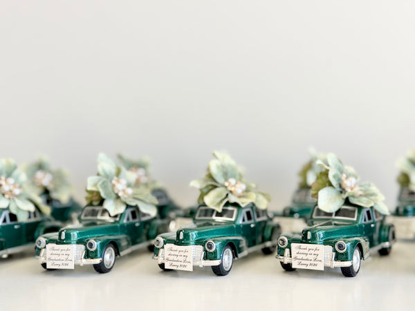 Vintage Elegance Car Wedding Favors, Emerald Green Personalized Guest Keepsakes, Luxury Custom Party Gifts