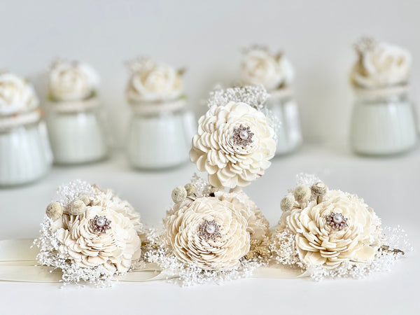 Ivory Sola Wood Flower Corsage and Boutonniere Set, Prom Party Corsage Set