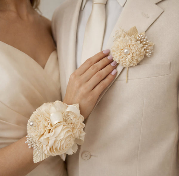 Elegance Ivory Sola Wood Flower Corsage and Boutonniere Set, Prom Party Corsage Set