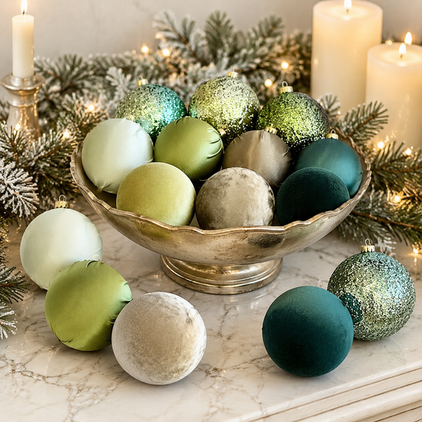 A collection of green and silver Christmas ornaments, including both matte velvet and glitter finishes, arranged in a silver bowl on a marble surface with holiday greenery and lit candles in the background.