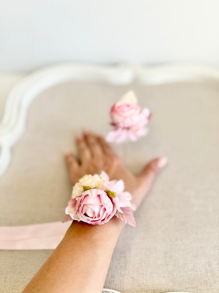 Pink Prom Corsage and Boutonniere Set, Wedding Corsages, Wrist Corsage, Bridesmaids Corsage, Bridal Bracelets