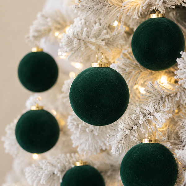 Flocked Christmas Ornaments: Emerald Green- 12 pcs 3,15" Boho Holiday Decor