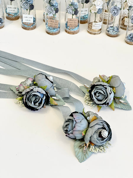 Dusty Blue Wedding Corsages and Boutonnières Set, Wrist Corsage, Prom Corsage, Bridesmaids Corsage, Bridal Bracelets, Mom Corsage