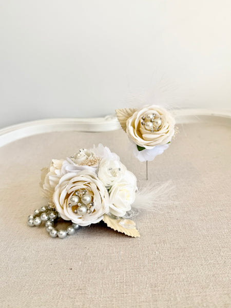 Luxury White Corsage and Boutonniere Set, Wedding, Prom Party Corsage Set