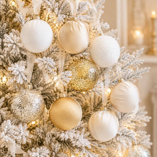 A close-up of a frosted Christmas tree decorated with white, gold, and silver ornaments, lit with warm white string lights in an indoor setting.