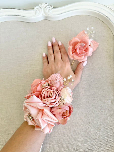 Peach Wedding Corsages, Prom Corsage Boutonniere Set, Wrist Blush Peach Corsage, Bridesmaids Corsage, Bridal Bracelets, Blush Boutonnière