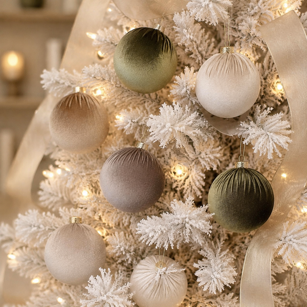 A close-up of a flocked Christmas tree decorated with velvet ornament balls in muted sage green, cream, taupe, and blush tones, lit by warm white string lights and accented with cream ribbons.