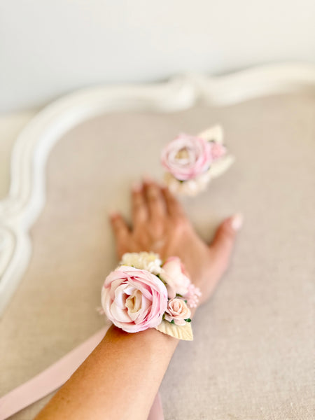 Pink Prom Corsage and Boutonniere Set, Wedding Corsages, Wrist Corsage, Bridesmaids Corsage, Bridal Bracelets
