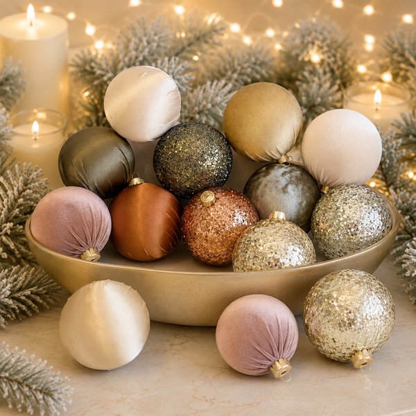 A collection of velvet and glitter Christmas ornaments in neutral holiday colors, arranged in a gold bowl with pine branches, candles, and warm fairy lights in the background.