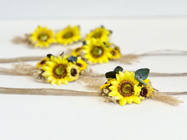 Sunflower Wedding Corsages Boutonnières Set, Prom Wrist Corsage, Rustic Wedding Corsage, Bridesmaids Corsage, Bridal Bracelets