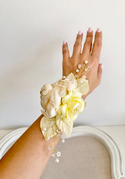 Light Yellow Corsage and Boutonniere Set, Ivory Prom Party Corsage Set