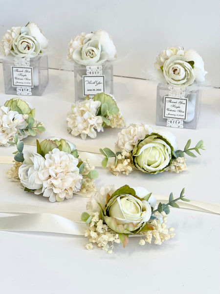 Ivory Wedding Corsages and Boutonniere Set, Prom Wrist Corsage Set, Ivory Corsage, Milky Wrist Corsage, Bridesmaids Corsage, Bridal Bracelets