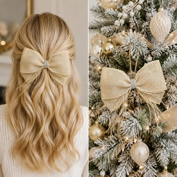 A split image showing a large beige burlap hair bow accessory worn in a woman's hair on the left, and the same bow hanging on a decorated Christmas tree on the right.