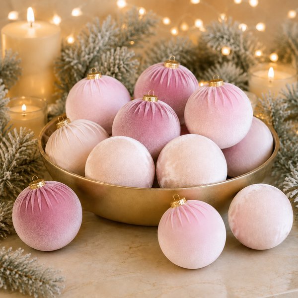 A set of velvet Christmas ornaments in soft pink and pale blush tones, arranged in a gold bowl with candles, pine branches, and warm string lights in the background.