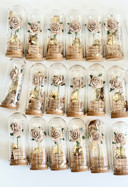Tan Wedding Favors – Rose Dome Favors for Guests, Personalized Beauty and the Beast Custom Party Gifts, Bulk Rustic Favors