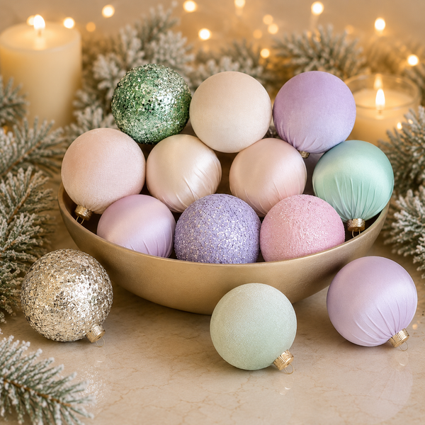 A collection of pastel Christmas ornaments in various textures—satin, glitter, and metallic silver—arranged in a gold bowl with pine branches and lit candles in the background.