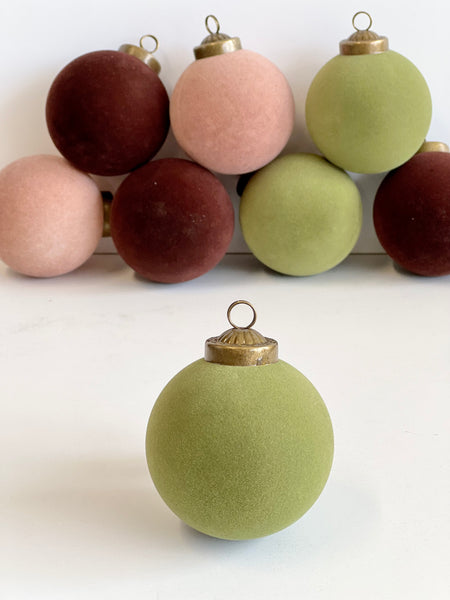 Flocked Christmas Ornaments: Olive Green, Beige, Brown Colors- 9 pcs 3,15" Boho Holiday Decor