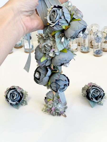 Dusty Blue Wedding Corsages and Boutonnières Set, Wrist Corsage, Prom Corsage, Bridesmaids Corsage, Bridal Bracelets, Mom Corsage