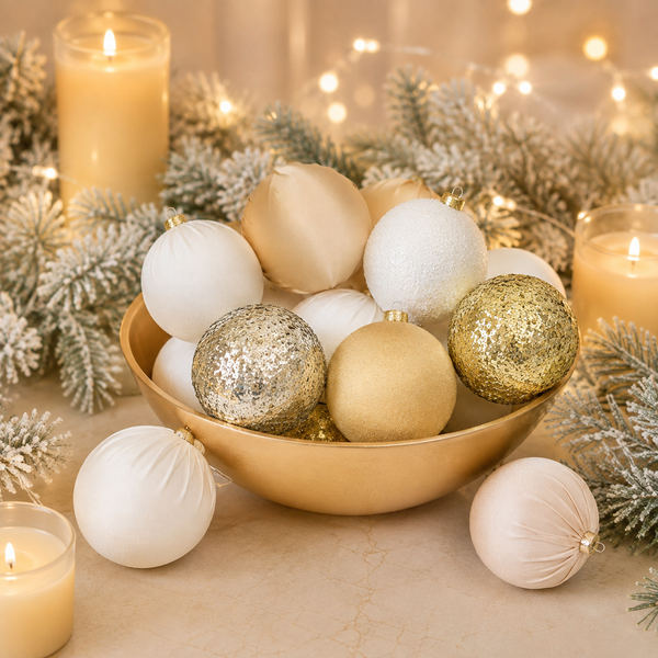 A collection of matte and glittery Christmas ornaments in white, gold, and champagne tones arranged in a gold bowl, surrounded by flocked pine branches, candles, and warm string lights.