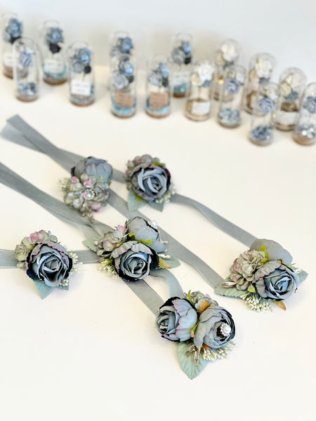 Dusty Blue Wedding Corsages and Boutonnières Set, Wrist Corsage, Prom Corsage, Bridesmaids Corsage, Bridal Bracelets, Mom Corsage